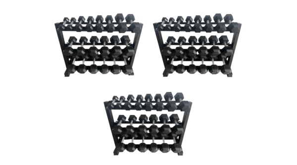 Mayhem Strength Rubber Hex Dumbbells 5-150lb Set w/ (3)Three Tier Dumbbell Rack